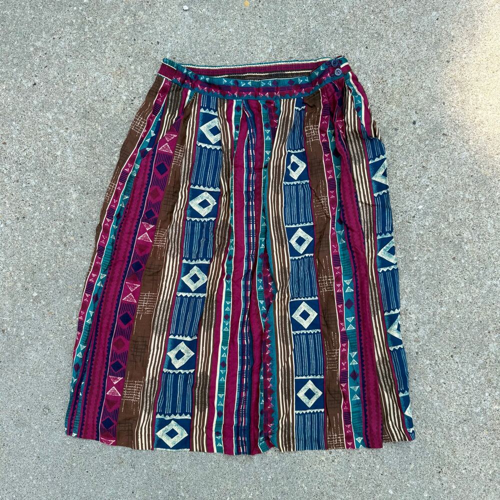 Vintage 80s Southwest Aztec Print Midi Skirt with Pockets Rayon Size 18